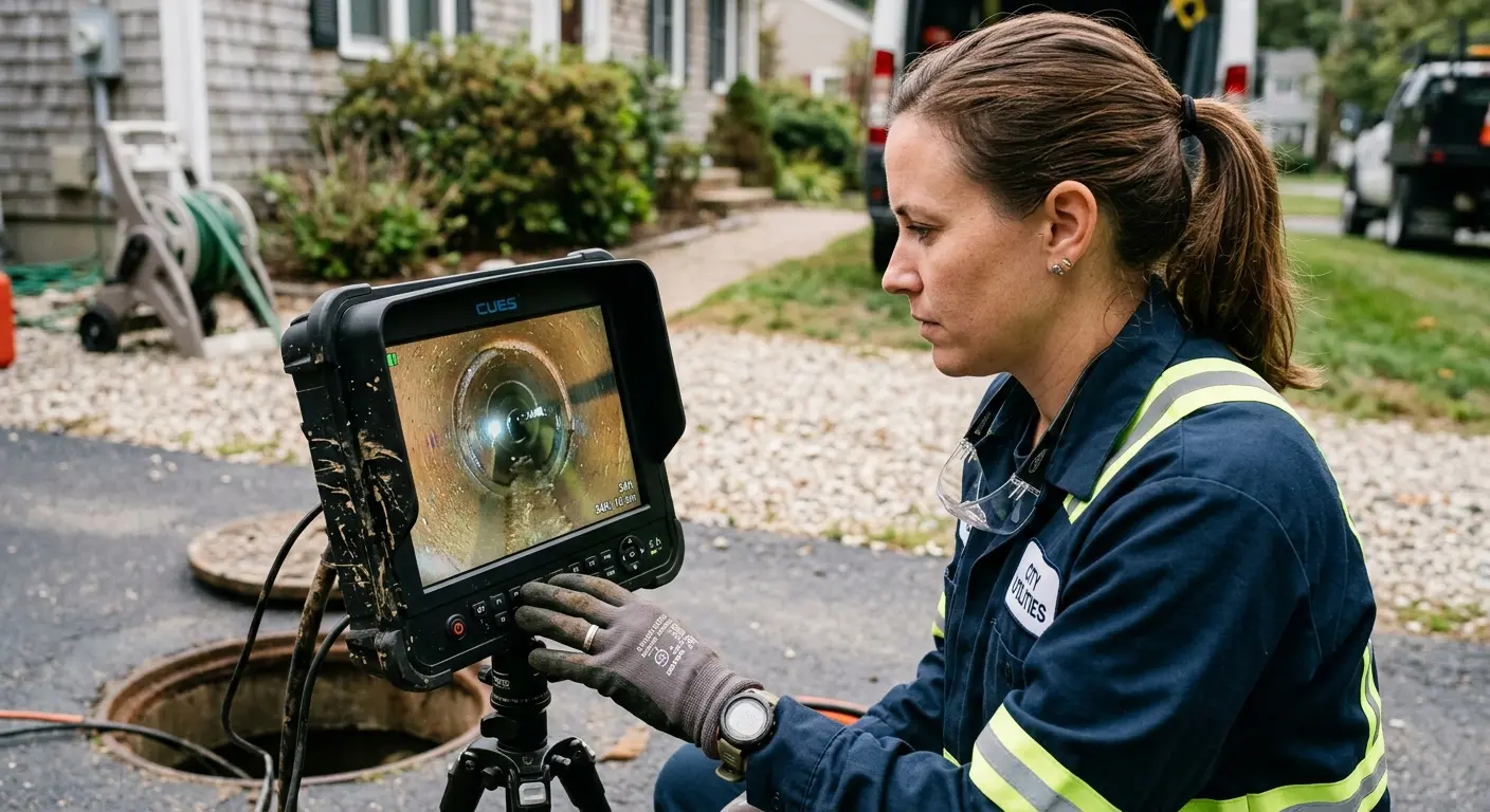 Technician reviewing sewer camera inspection footage in Aspen