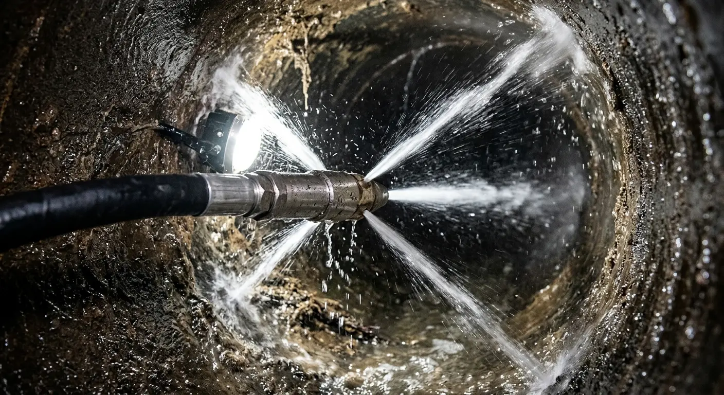 High-pressure hydro jetting nozzle cleaning sewer pipe for Trenchless Sewer Repair in Aspen