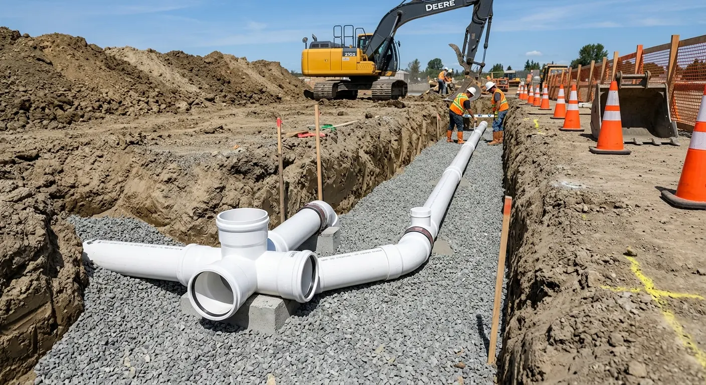 New PVC sewer pipe installation in open trench for Sewer Backup in Aspen