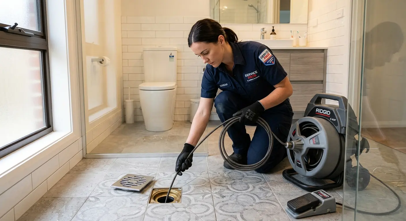 Technician clearing a bathroom floor drain for Drain Cleaning in Aspen